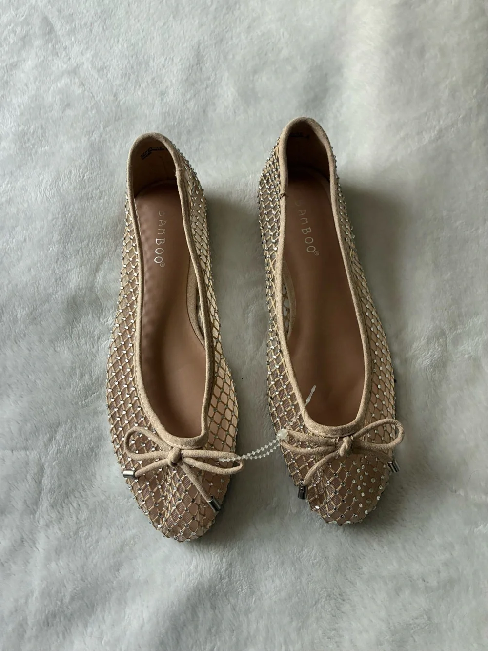 BAMBOO Nude Beaded Ballet Flats with Bow